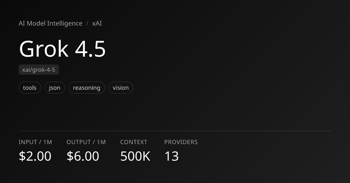 Grok 4.5: Pricing, Context (500K) & Providers · AI Model Intelligence